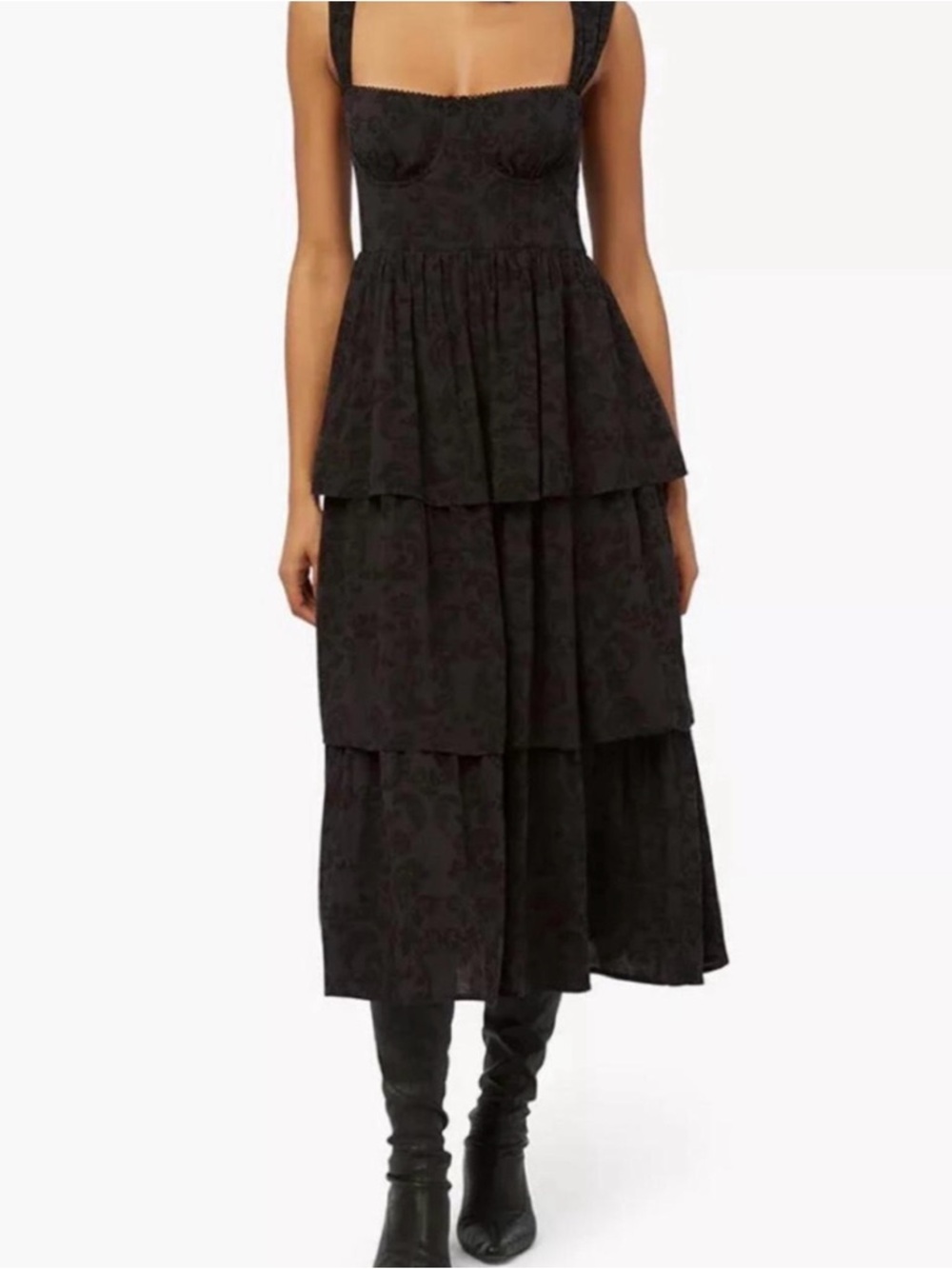 Size 6 WeWoreWhat Whimsigoth Black Floral Corset Poplin Bodice Tiered Dark Dress